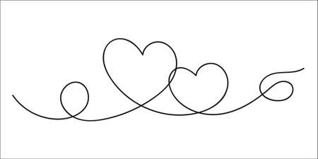 Continuous one line art drawing of two hearts symbol sign doodle style vector image.のイラスト素材