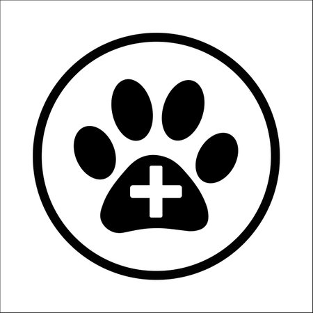 Veterinary clinic symbol paw print with veterinary cross in black circle icon.のイラスト素材