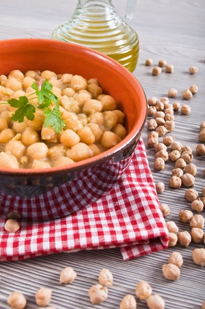 Chickpea soup in terracotta bowl の写真素材