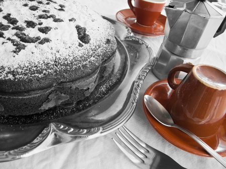Chocolate Cake on silver tray at Breakfast.の写真素材