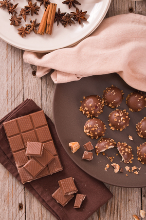 Chocolate truffles with caramel cream filling. の写真素材