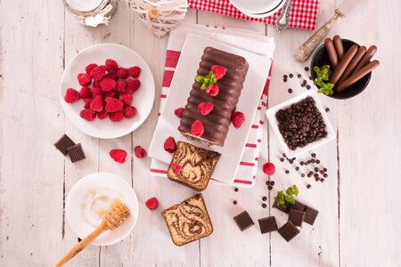 Marble cake with raspberries.の写真素材
