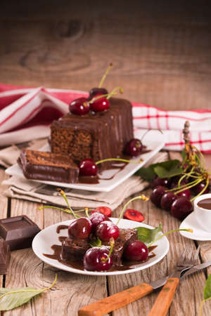 Chocolate pound cake with cherries.の写真素材