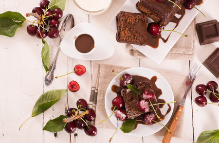 Chocolate pound cake with cherries.の写真素材