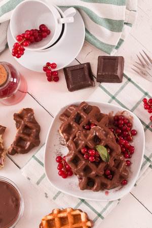 Waffles with chocolate topping, red currant and hazelnuts.の写真素材