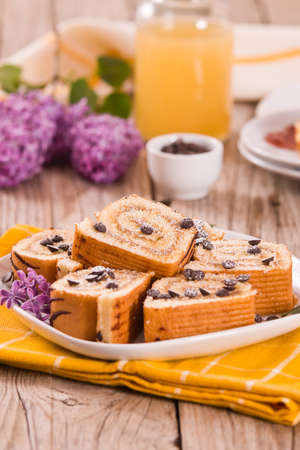 Swiss roll cake with chocolate chips.の写真素材