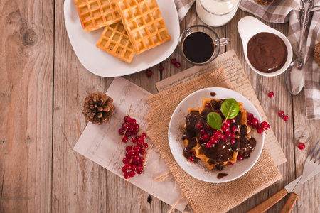 Waffle with red currant and chocolate topping on white dish.の写真素材