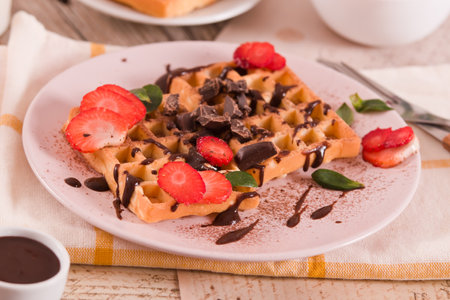 Waffles with strawberries and chocolate cream.の写真素材
