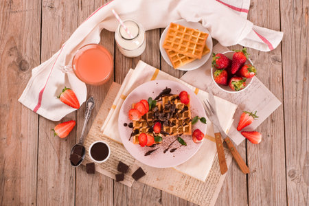 Waffles with strawberries and chocolate cream.の写真素材