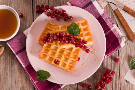 Waffles red currant and mint.の写真素材
