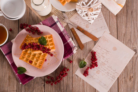Waffles red currant and mint.の写真素材