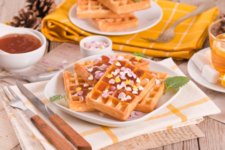 Waffles with jam and confetti.の写真素材