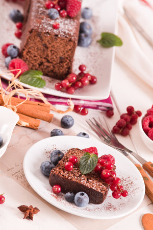 Chocolate sponge cake with fresh fruit on white dish.の写真素材