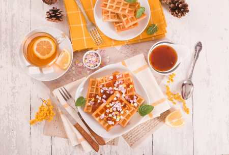 Waffles with jam and confetti.の写真素材