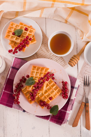 Waffles red currant and mint.の写真素材