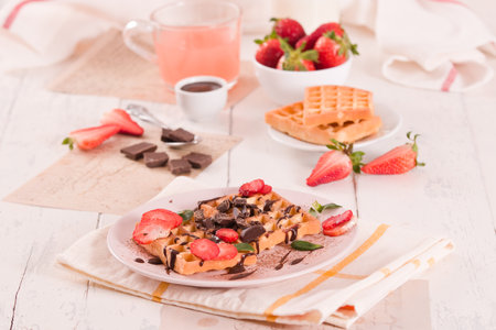 Waffles with strawberries and chocolate cream.の写真素材