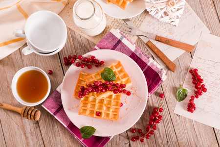 Waffles red currant and mint.の写真素材