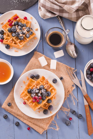 Waffles with red currant and blueberries on white dish.の写真素材