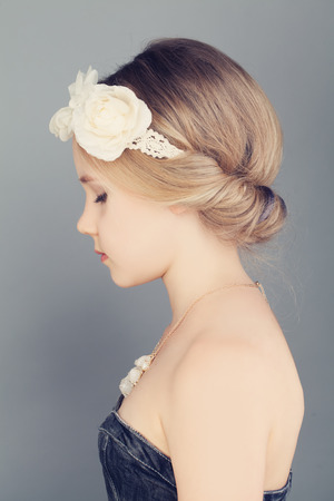 Young Girl. Profile. Blonde Hair with Bohemian Boho Chic Hairstyleの写真素材