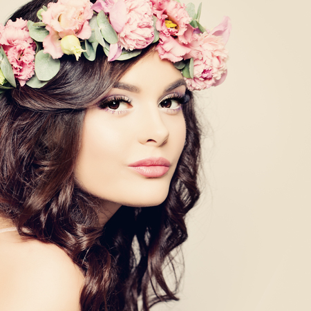 Beautiful Girl. Fashion Makeup and Hairstyle. Curly Dark Hair, Sexy Pink Lips. Beauty Fashion Portraitの写真素材