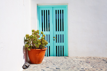 Door and Plant in Santorini Island, Greeceの写真素材