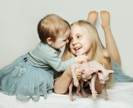 Cute kids and catsの写真素材