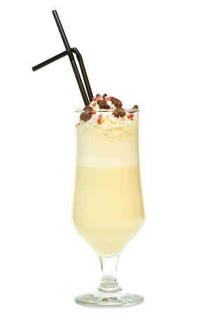Milk shake with banana fruit, vanilla and chocolate isolated on whiteの写真素材