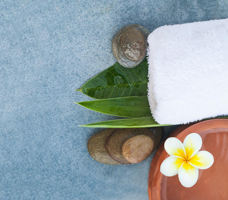 Top view of spa objects and stones for relaxationの写真素材