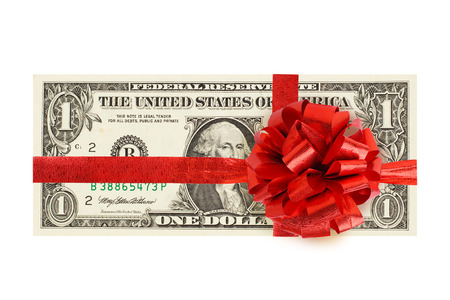 1 dollar cash money with red ribbon isolated on white background. One US Dollar bill