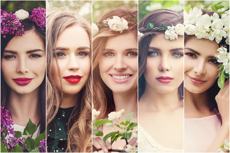 Spring women. Beautiful girls faces with flowers outdoors. Spring setの写真素材