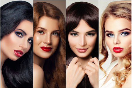 Haircare and hair coloring. Four woman with brunette, blond, brown and ginger hairの写真素材