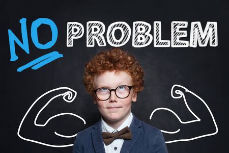 Problem or No problem kid. Funny child on chalkboard backgroundの写真素材