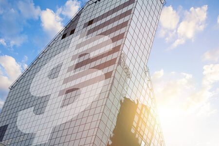 Modern office building with sign dollar on a background of the blue sky