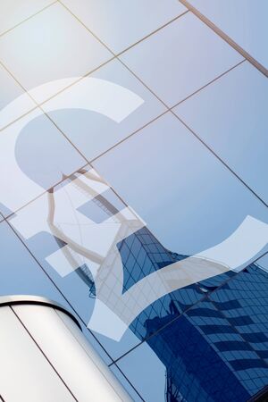 Modern office building with sign pound on a background with pound