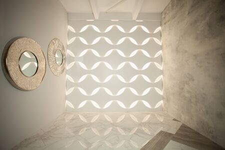 Natural color interior. Empty interior background with marble tiles, stucco wall and wooden ceiling