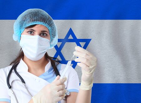 Scientist woman with test tube Coronavirus or COVID-19 against Israel flag. Research of viruses in laboratory for prevention of a pandemic in Israelの写真素材