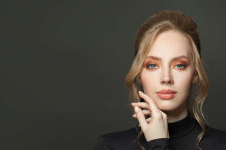 Perfect young woman face close up beauty fashion portraitの写真素材