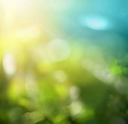 Green bokeh background of nature, green forest leaves and blue skyの写真素材