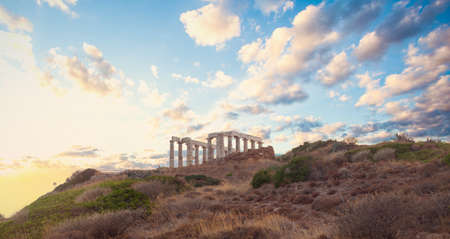 Greece Cape Sounio. Ruins of an ancient temple of Poseidon, Greek god of the seaの写真素材