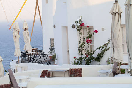White architecture on Santorini island, Greece. Beautiful summer landscape, sea view.の写真素材