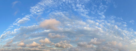 Panoramic skyline background. Blue morning sky with clouds