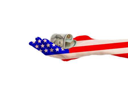 US dollar heart of 100 note in hand isolated on white background. Deposit interest, loan, gift and commercial money investment profit concept.の写真素材