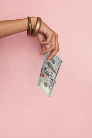 Female hand with 100 USA dollar money on pink background