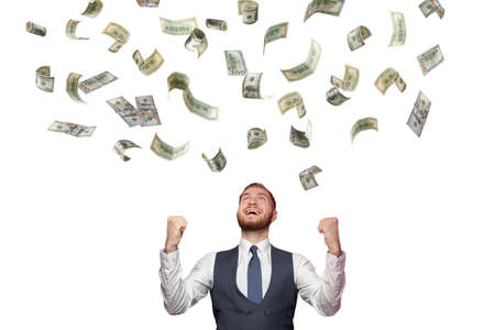 Business, money, finance, people and banking concept. Smiling businessman with dollar cash money isolatedの写真素材