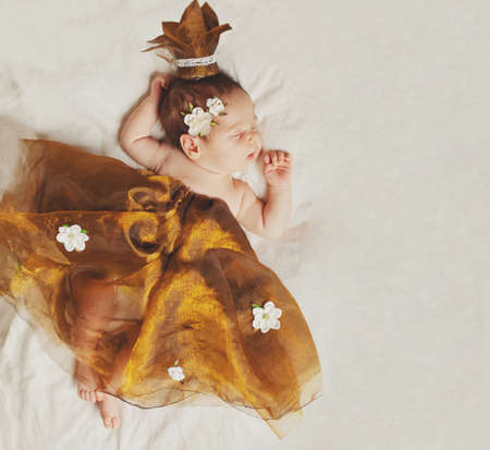 Sweet newborn baby sleeping, top viewの写真素材