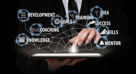 Development software technology training system business concept, tablet signsの写真素材