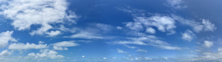 Panorama of a blue sky with white cumulus clouds as a backroundの写真素材