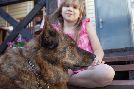 Happy smiling child girl with big brown dogの写真素材
