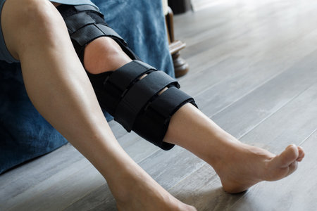 Patient knee wearing brace support after injury and surgery. Healthcare and medical concept.