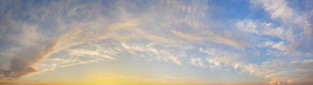 Fantastic idelic sunset heaven. Panoramic sunset sky with cloud, skyline background